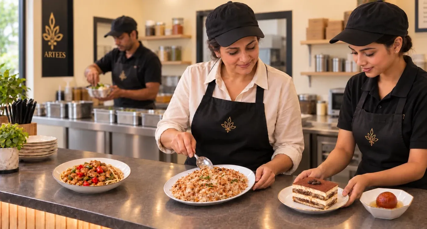 Artees team serving a rice platter, a pasta dish, tiramisu and gulab jamun at a store counter