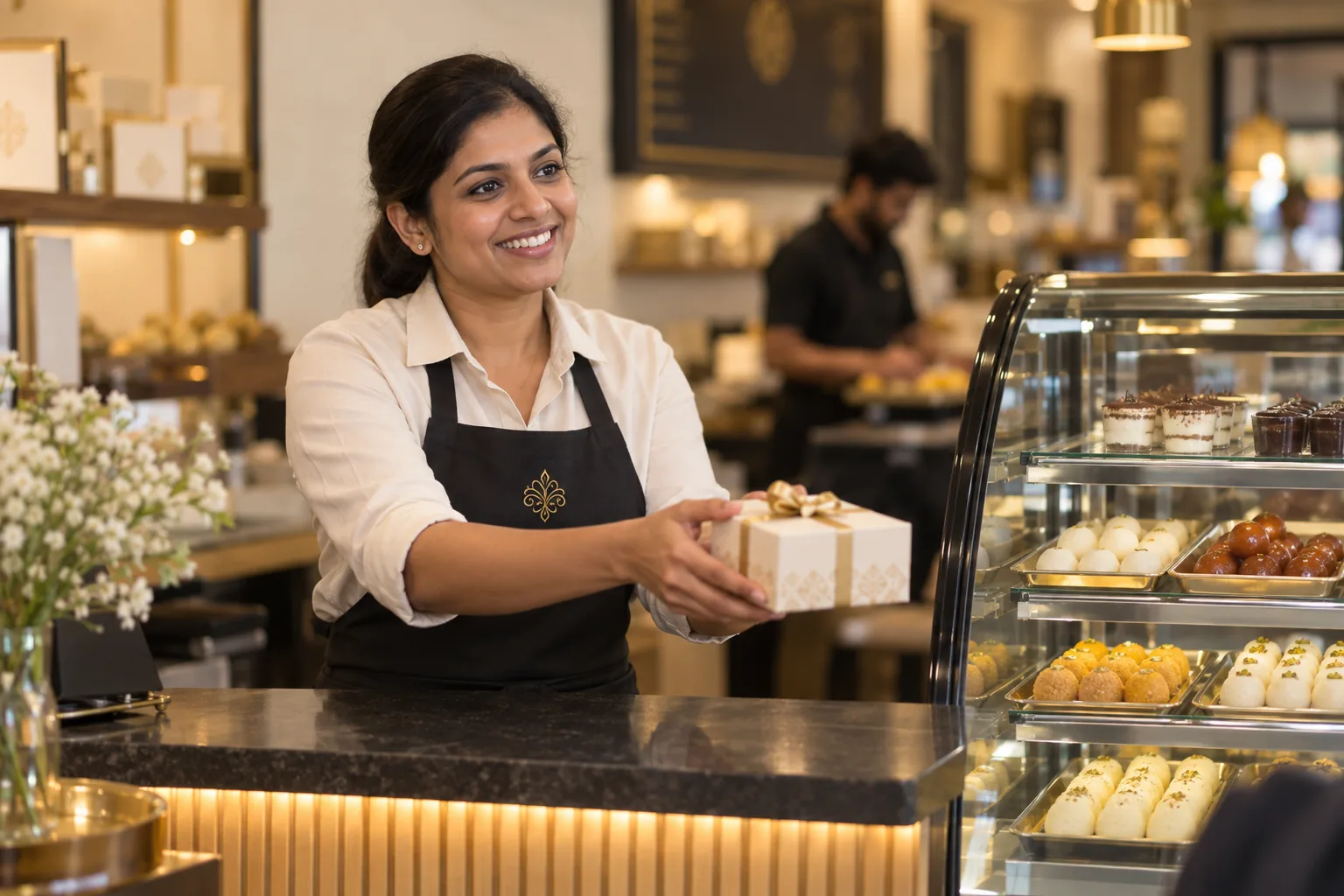 Artees Sweets owner-operator handing a gift box to a customer across the store counter