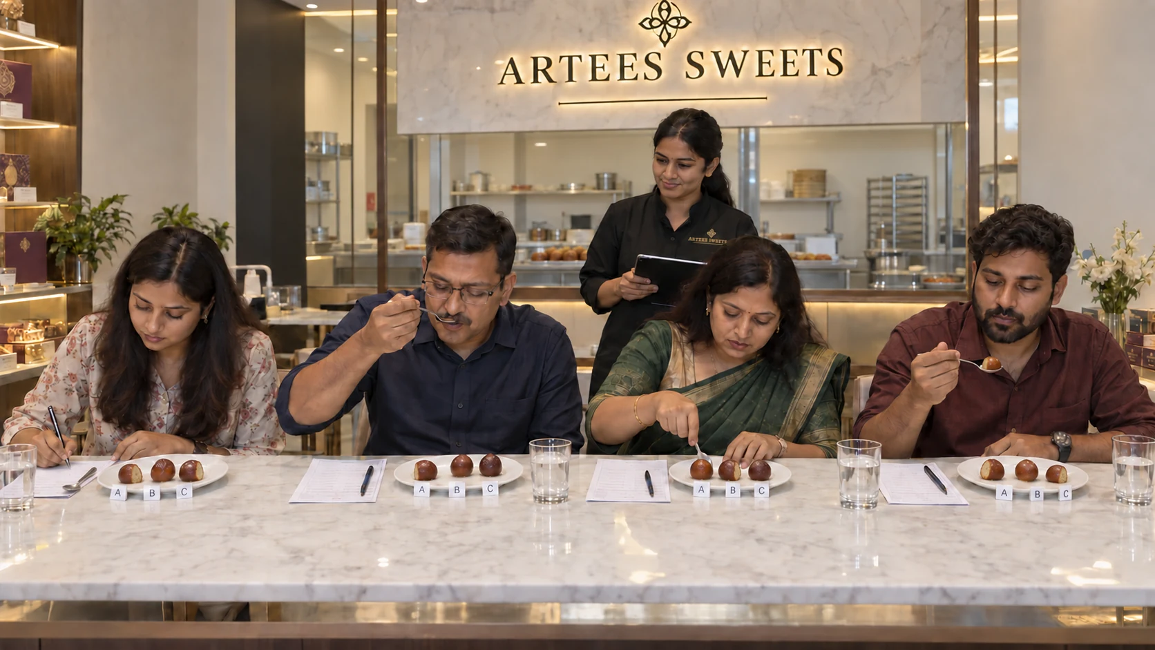 Prospective owner-operators tasting coded product samples at an Artees Sweets evaluation session
